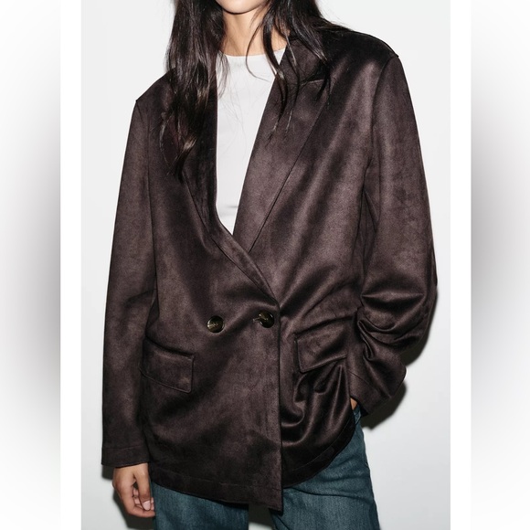 Zara NWT dark brown faux suede double breasted collared blazer jacket - Picture 5 of 10